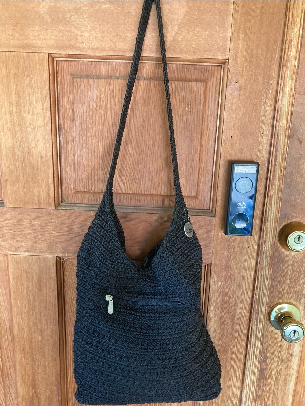 The Sak Black Crochet Shoulder Bag with Front Zip